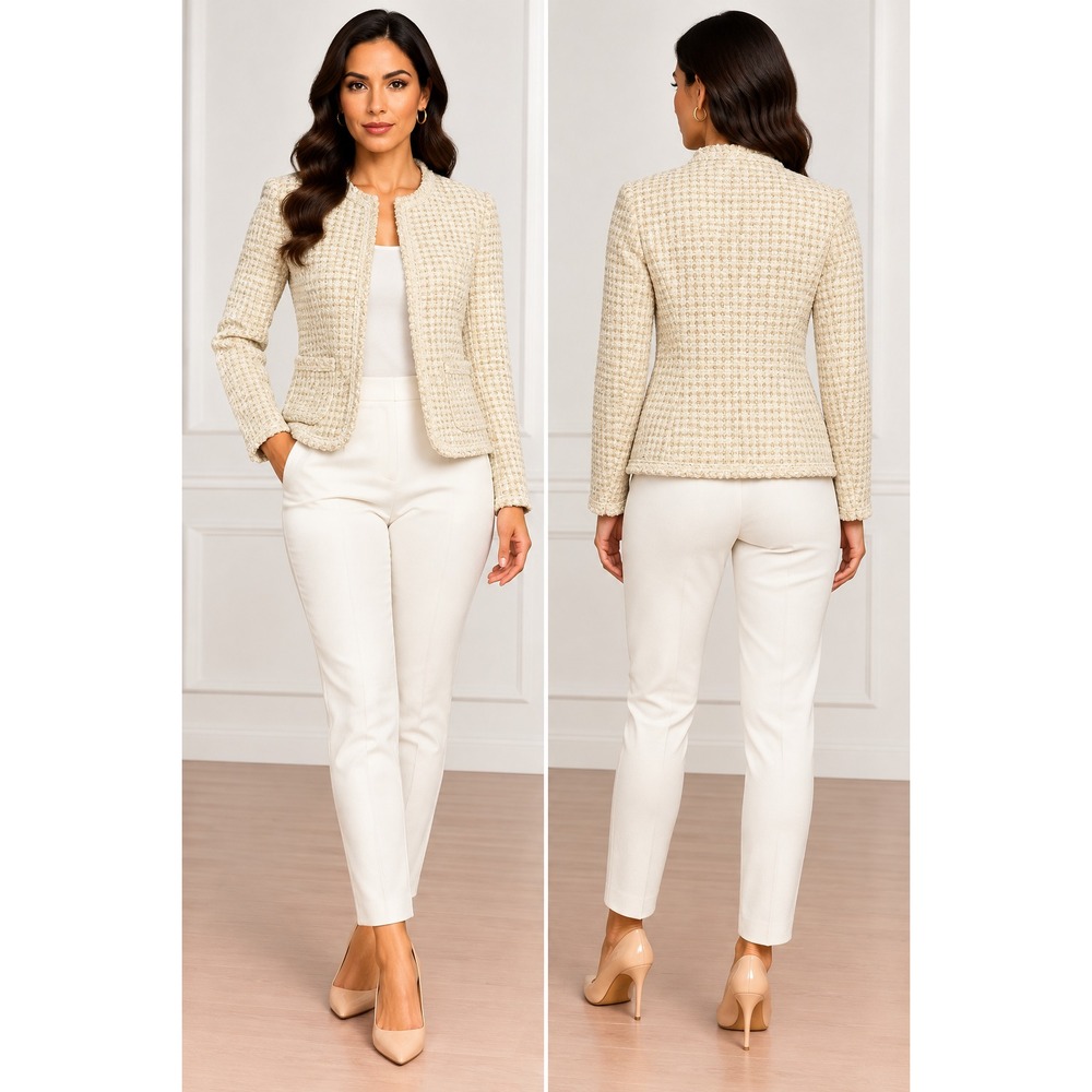 J.Crew Tweed Blazer Women Size 8 Cream Gold Excellent Metallic Open Front Jacket